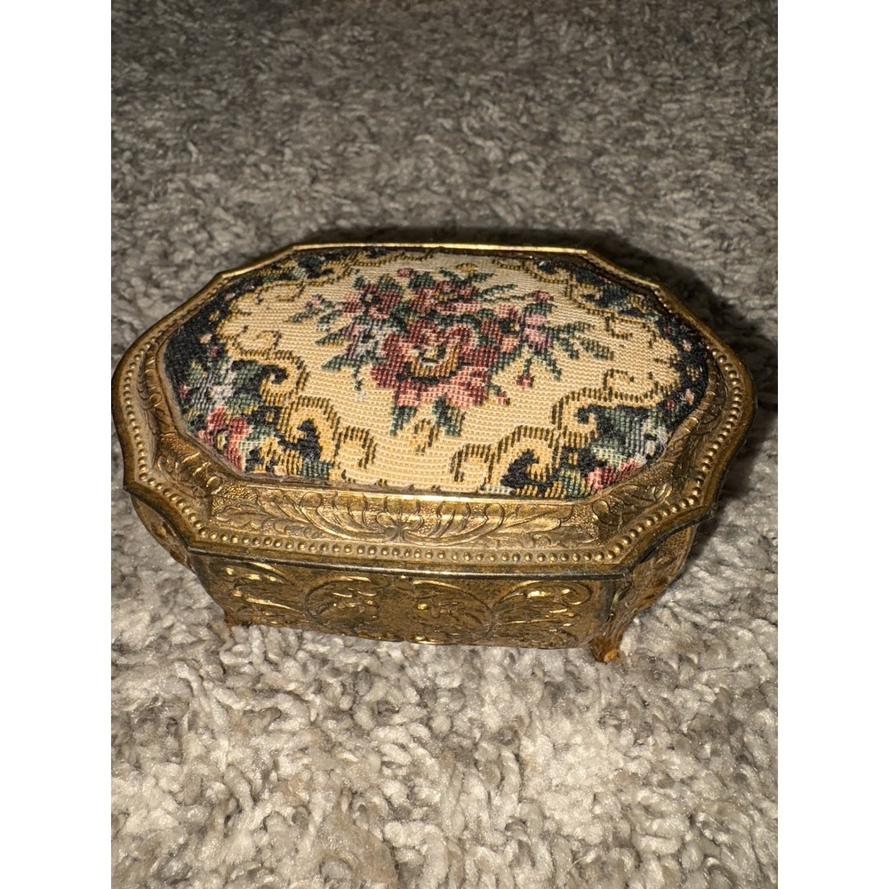 Gold Gilded Metal Jewelry Box Red Velvet Lined Made in Japan Floral Trinket Box